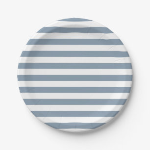 Assiettes En Carton Bleu Poussiéreux et Rayures Blanches