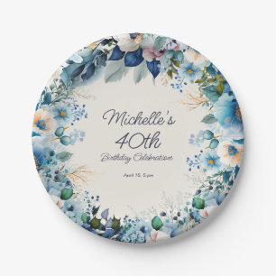 Assiettes En Carton Bleu Poussiéreux Fleurs Femme 40e Anniversaire