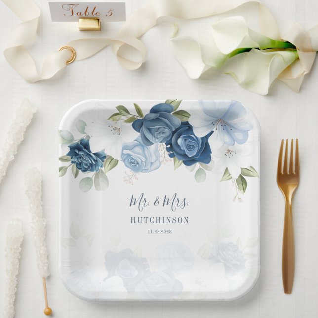Assiettes En Carton Bleu Poussiéreux Floral Feuillage Monsieur et Mada (Mariage)