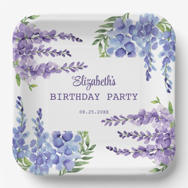 Assiettes En Carton Bleu Purple Wisteria Floral Verdure Anniversaire (Recto)