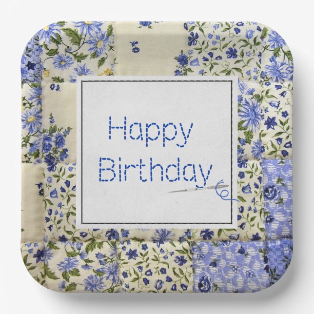 Assiettes En Carton Bleu Quilt d'anniversaire avec Aiguille (Recto)