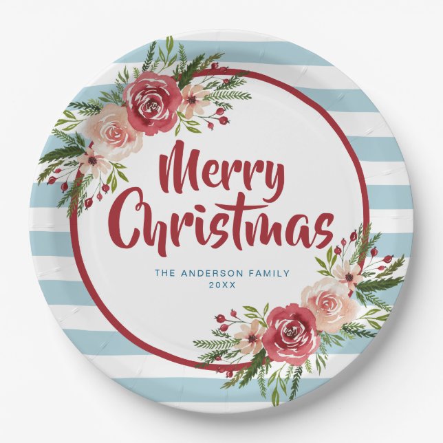 Assiettes En Carton Bleu Rayures Aquarelle Fleurs Noël (Devant)