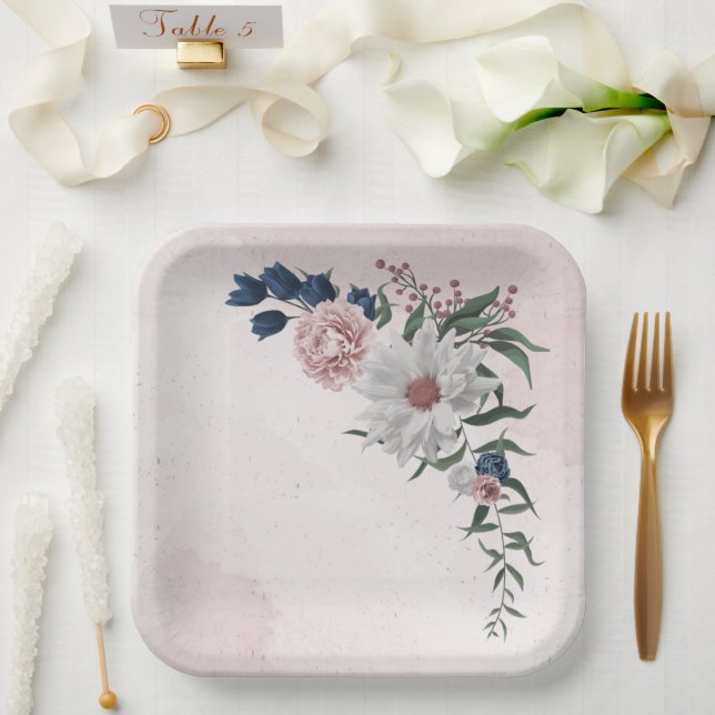 Assiettes En Carton bleu rose blanc vert fleuri mariage (Mariage)