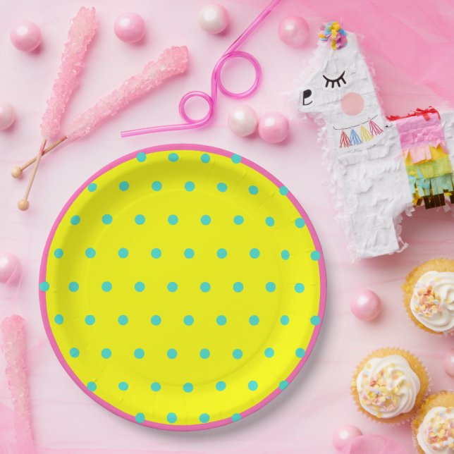 Assiettes En Carton Bleu rose jaune vif Pois (Fête)