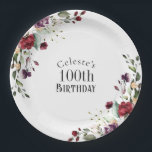 Assiettes En Carton Bleu rouge et violet élégant Floral 100e anniversa<br><div class="desc">Faisant partie d'un ensemble coordonné de produits de fête d'anniversaire célébrant un 100e anniversaire, honorez quelqu'un de spécial avec cette belle aquarelle fleurie plaque d'anniversaire. Aménagé de jolis bouquets de fleurs boho sur les côtés opposés dans la combinaison de couleurs chic de rouge bordeaux, rose rousse, violet de prune et...</div>