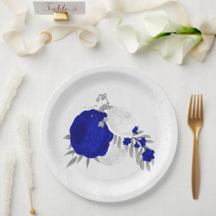 Assiettes En Carton bleu royal et fleurs blanches argent