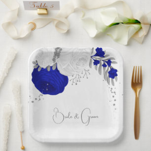 Assiettes En Carton bleu royal et fleurs blanches argent