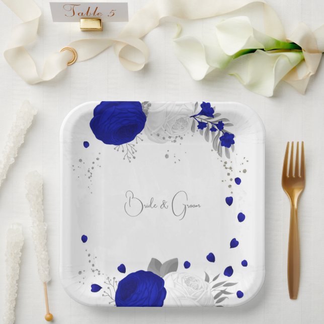 Assiettes En Carton bleu royal et fleurs blanches argent (Mariage)