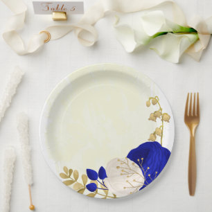 Assiettes En Carton bleu royal et fleurs blanches or
