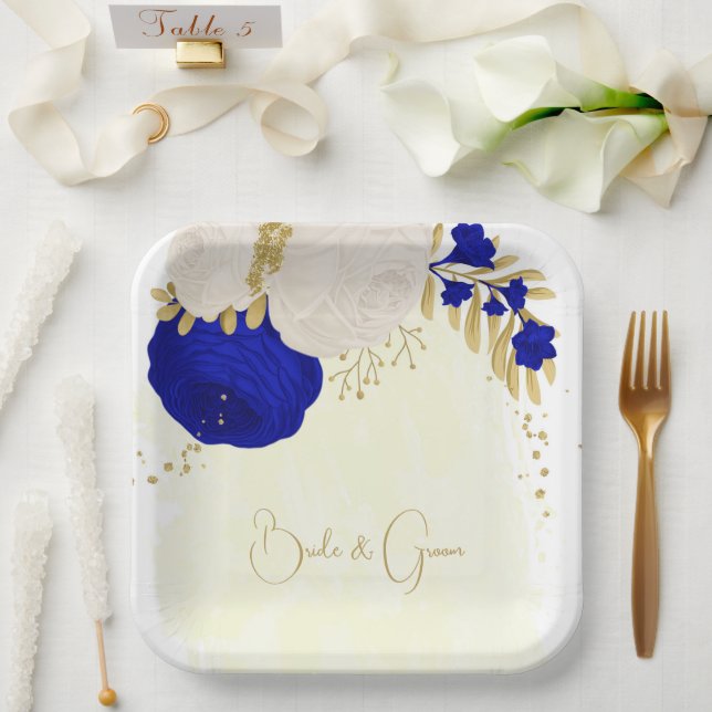 Assiettes En Carton bleu royal et fleurs blanches or (Mariage)