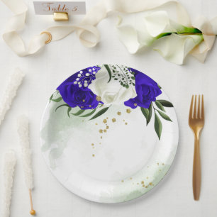Assiettes En Carton bleu royal et fleurs blanches verdure