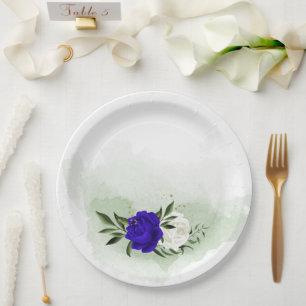 Assiettes En Carton bleu royal et fleurs blanches verdure