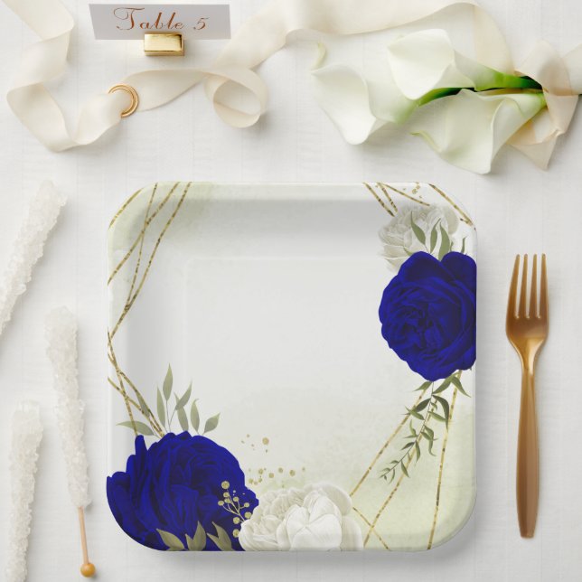 Assiettes En Carton bleu royal fleurs blanches mariage (Mariage)
