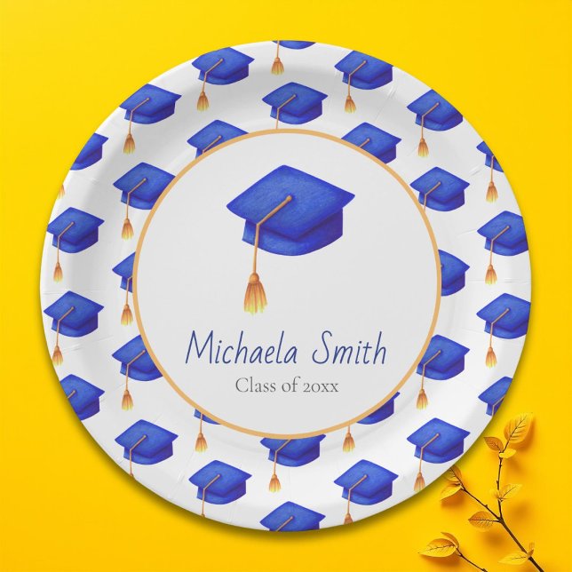Assiettes En Carton Bleu Royal Graduation Cap Patternalisé Personnalis (Royal Blue Graduation Cap Patterned Personalized Paper Plate)