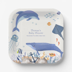 Assiettes En Carton Bleu Rustique Océan Dolphin Whale Boy Baby shower