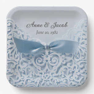 Assiettes En Carton Bleu Satin Bow sur dentelle pour Anniversaire