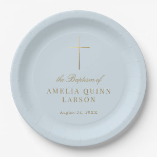 Assiettes En Carton Bleu Simple Elegant Croix Or Baptême Christening