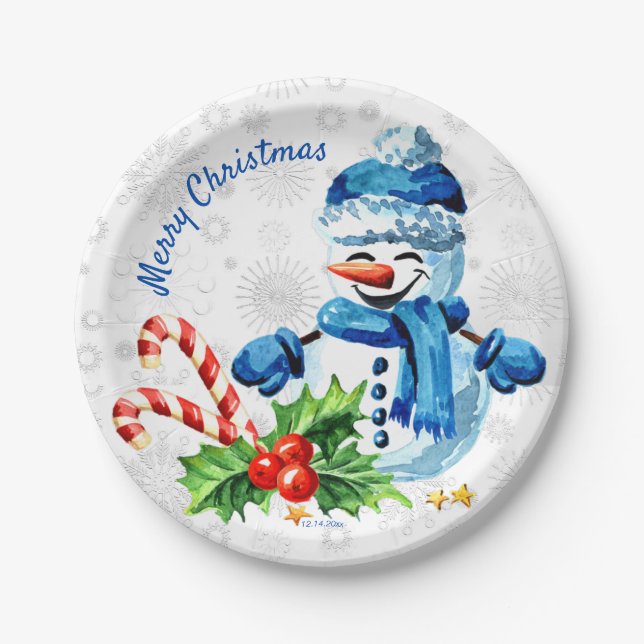 Assiettes En Carton Bleu Snowman 'Joyeux Noël' Plaque en papier (Devant)