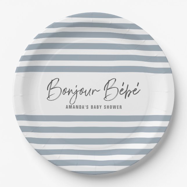 Assiettes En Carton Bleu Stripes Bonjour Bebe (Devant)