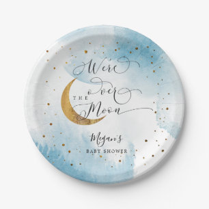 Assiettes En Carton Bleu sur la lune Baby shower Gold Stars