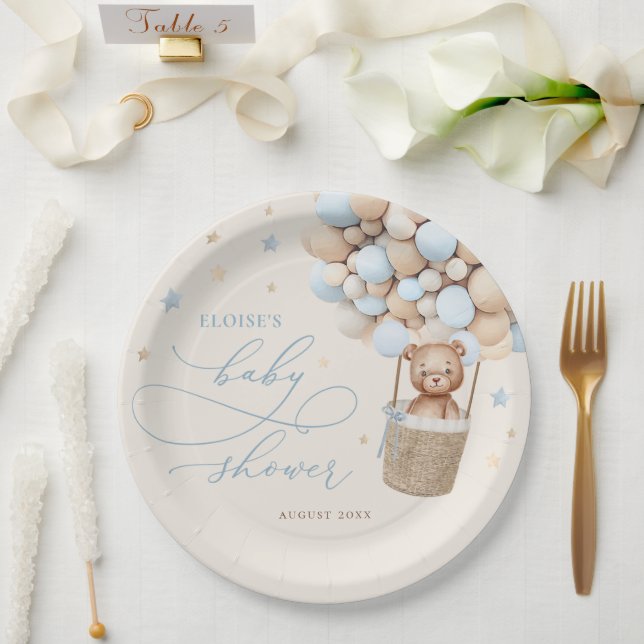 Assiettes En Carton Bleu Teddy Bear Balloon Bearly Wait Baby shower (Mariage)