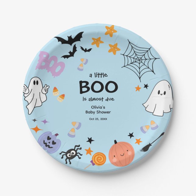Assiettes En Carton Bleu Un Petit Boo Cute Ghost Baby shower Halloween (Devant)