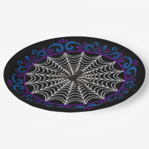 Assiettes En Carton Bleu violet araignée blanche Web et araignée noire