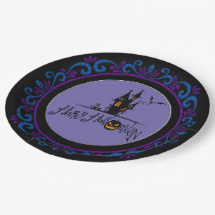 Assiettes En Carton Bleu violet Joyeux Halloween Maison hantée