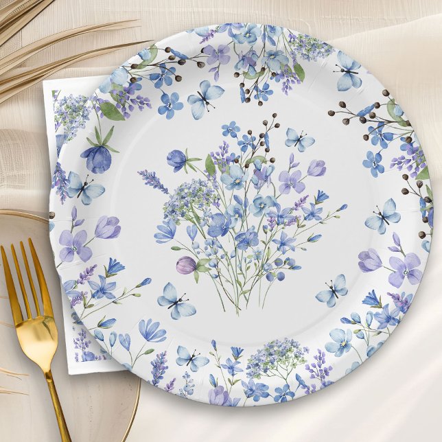 Assiettes En Carton Bleuet Motif floral aquarelle délicat (Floral paper plates from my Blue Wildflower Bridal Shower Collection)
