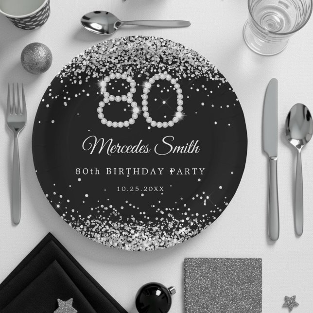 Assiettes En Carton Bling Diamonds 80e Anniversaire Plaque papier de f (Diamonds and glitter 80th Birthday Party Paper plate)