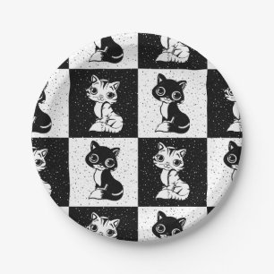 Assiettes En Carton Bloc de monogramme noir blanc pour chat