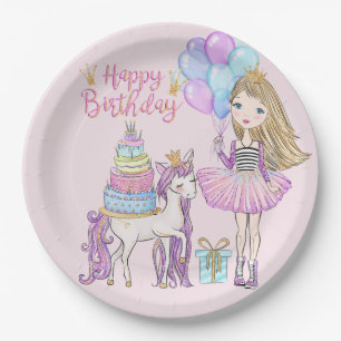 Assiettes En Carton Blonde Cool Girl Modern Unicorn Princess Birthday