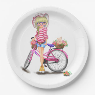 Assiettes En Carton Blonde Girl avec Plaques de papier Vélo Rose