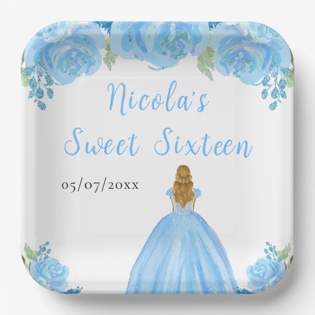 Assiettes En Carton Blonde Hair Princess Blue Floral Sweet Sixteen  (Recto)