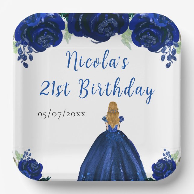 Assiettes En Carton Blonde Hair Princess Navy Floral Birthday Party (Recto)