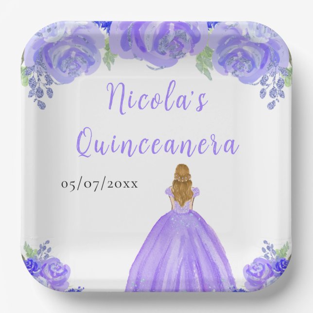 Assiettes En Carton Blonde Hair Princess Purple Floral Quinceanera (Recto)