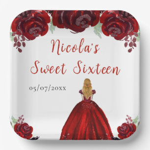 Assiettes En Carton Blonde Hair Princess Red Floral Sweet sixteen