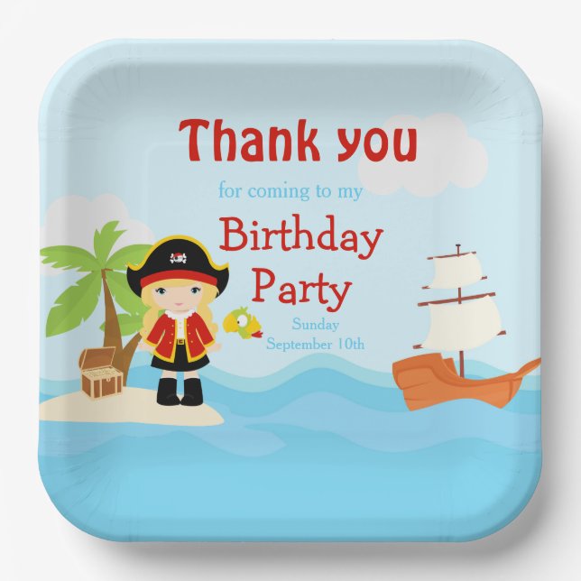 Assiettes En Carton Blonde mignonne fille pirate en rouge Anniversaire (Recto)