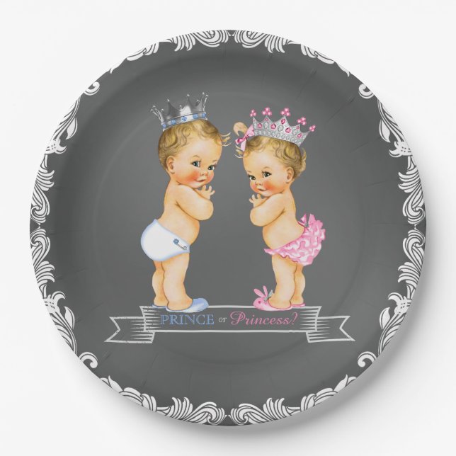 Assiettes En Carton Blonde Prince et Princesse Chalkboard Baby shower (Devant)