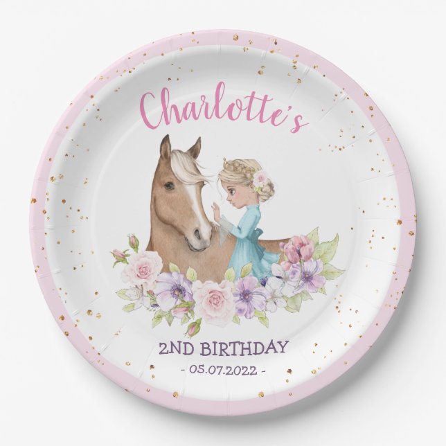 Assiettes En Carton Blonde Princess et Brown Horse Anniversaire (Devant)