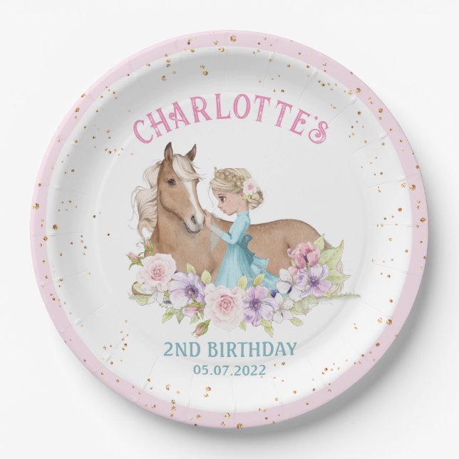 Assiettes En Carton Blonde Princess et Brown Horse Anniversaire (Devant)