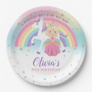 Assiettes En Carton Blonde Princess & Unicorn Anniversaire Party Rainb