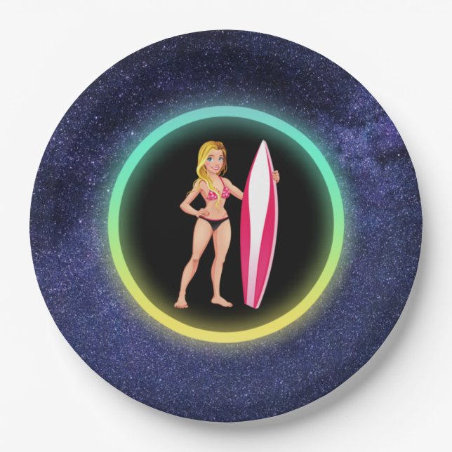 Assiettes En Carton Blonde Surfer Adolescent Girl Galaxy (Devant)