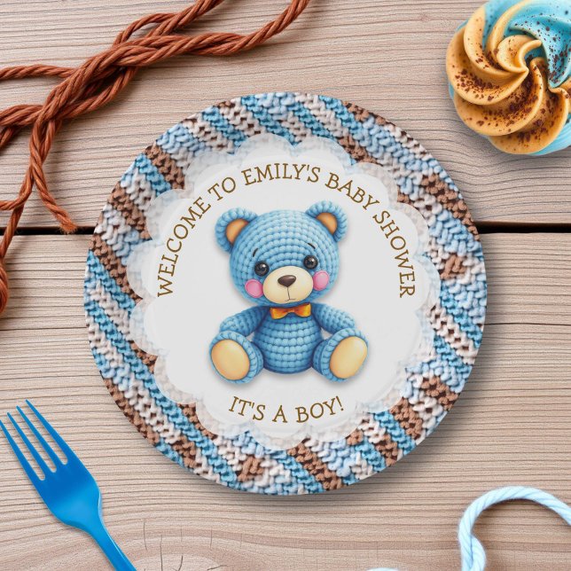 Assiettes En Carton Blue and Brown Crocheted Teddy Bear It's a Boy (Créateur téléchargé)