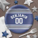 Assiettes En Carton Blue and Silver Sports Jersey Nom personnalisé Num<br><div class="desc">Personnalisez ce design sportif rayé avec votre nom et votre numéro favori. Vous pouvez également utiliser ceci pour célébrer un anniversaire ou féliciter votre fils avec un souvenir personnel.</div>