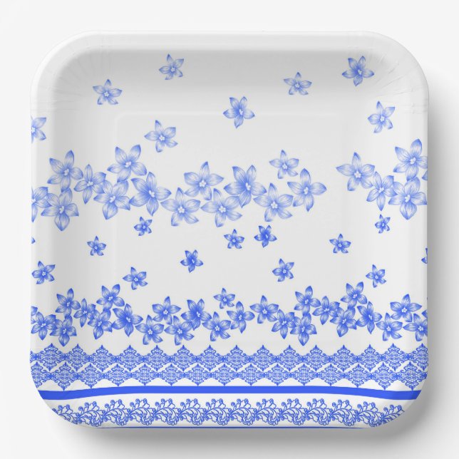 Assiettes En Carton Blue and White floral design, (Recto)