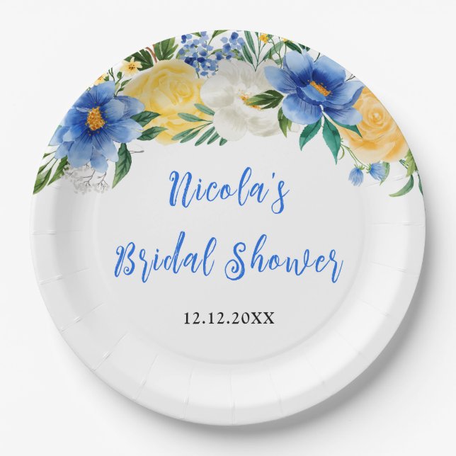 Assiettes En Carton Blue and Yellow Floral Bridal Shower (Devant)
