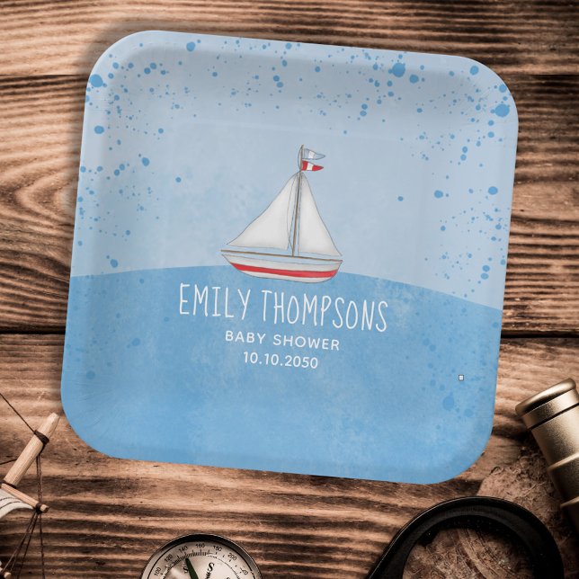 Assiettes En Carton Blue Baby Boy Douche Aquarelle Voilier (Créateur téléchargé)