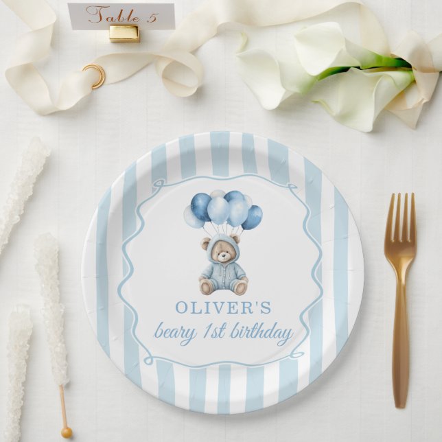Assiettes En Carton Blue Balloons Teddy Bear Birthday Paper Plate (Mariage)