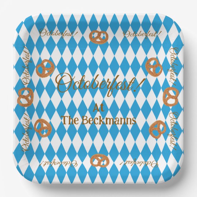 Assiettes En Carton Blue Bavarian Octoberfest Pretzels Personnaliser (Recto)